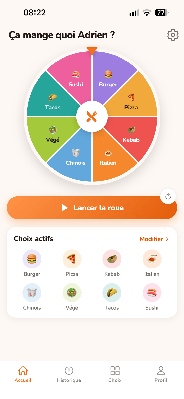 Écran d’accueil de l’application : la roue à huit segments colorés, le bouton « Lancer la roue » et la liste des choix actifs.