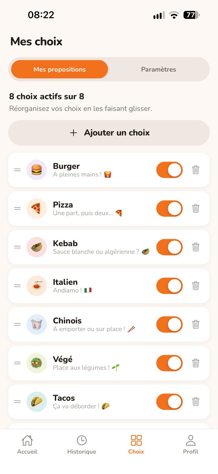 Onglet Choix : la liste des propositions avec emoji, accroche et interrupteur d’activation.