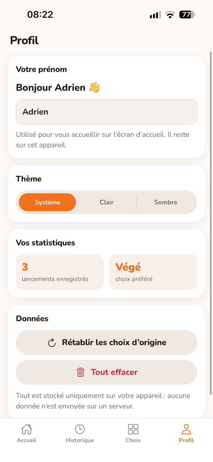 Onglet Profil : prénom, thème clair ou sombre, statistiques et effacement des données.